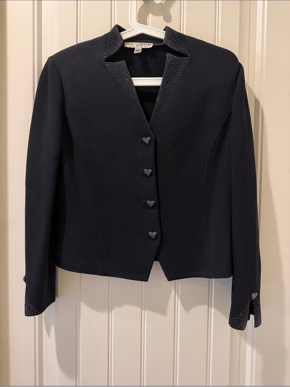 Vintage St. John Basics Jacket Blazer Black Heart Rhinestone  Sz 6